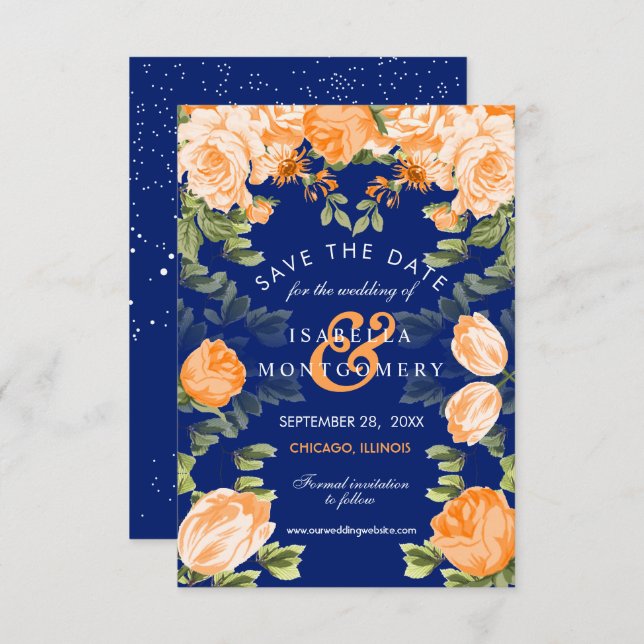 Botanical Orange and Navy Blue Floral Invitation (Front/Back)