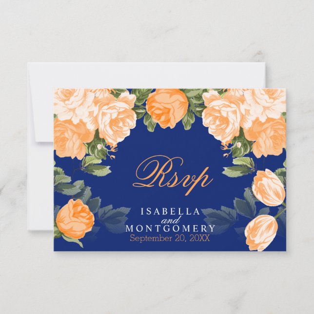 Botanical Orange and Navy Blue Wedding - RSVP Card (Front)