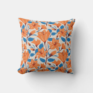 Botanical Orange Blue Lily Floral Pattern Throw Pillow