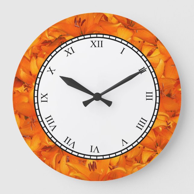Botanical Orange Garden Flower Roman Digits Large Clock (Front)