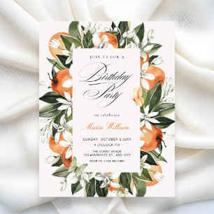 Botanical orange leaves watercolor birthday  invitation
