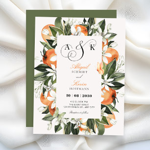 Botanical orange leaves watercolor wedding  invitation