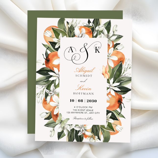 Botanical orange leaves watercolor wedding  invitation (Creator Uploaded)