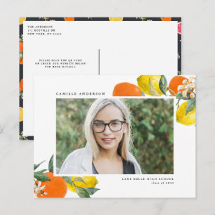Botanical Orange & Lemon QR Code Photo Graduation Announcement Postcard