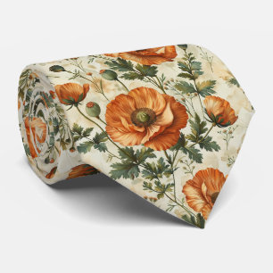 Botanical Orange Poppies Pattern Tie