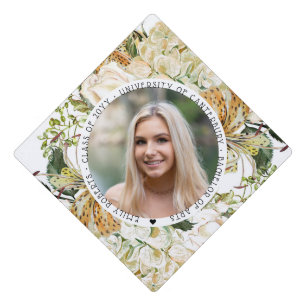 Botanical Orange White Floral Photo Graduation Cap Topper