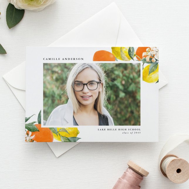 Botanical Oranges and Lemons Photo Graduation Announcement Postcard (Botanical Oranges and Lemons Photo Graduation Announcement Postcard)
