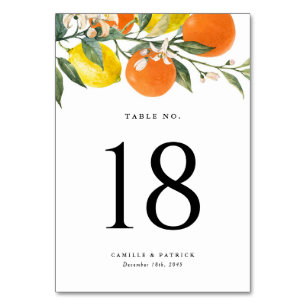 Botanical Oranges and Lemons Summer Wedding Table Number