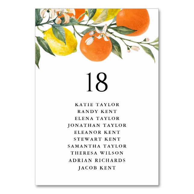 Botanical Oranges and Lemons Wedding Table Seating Table Number (Front)