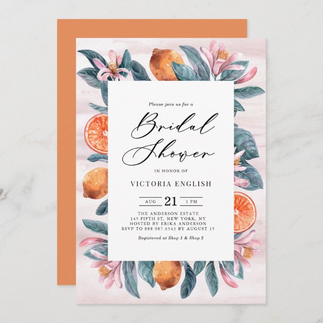 Botanical Oranges and Pink Blossoms Bridal Shower Invitation (Front/Back)
