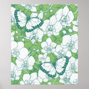 Botanical Orchid Garden with Butterflies in green Poster