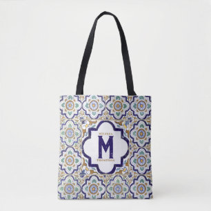 Botanical Ornamental Tiles Monogram Tote Bag