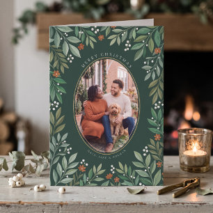 Botanical Oval Border Merry Christmas Photo Holiday Card