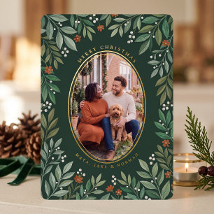 Botanical Oval Frame Merry Christmas Photo Foil Holiday Card
