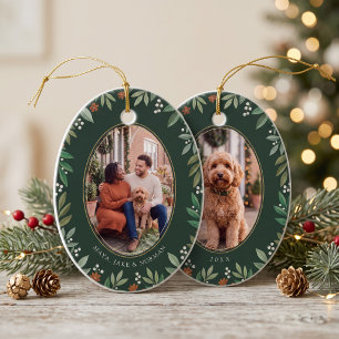 Botanical Oval Merry Christmas Photo Ceramic Ornament
