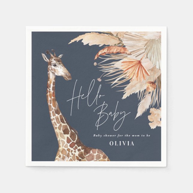 Botanical pampas grass giraffe safari navy blue napkin (Front)