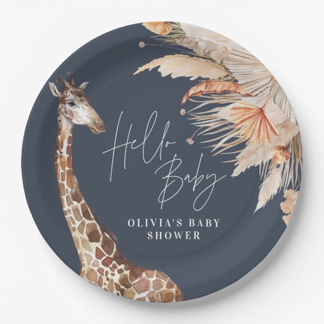 Botanical pampas grass giraffe safari navy blue paper plate (Front)