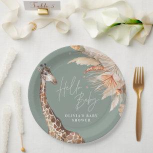 Botanical pampas grass giraffe safari sage green paper plate