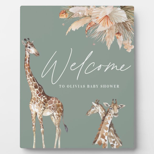 Botanical pampas grass giraffe safari sage green t plaque (Front)