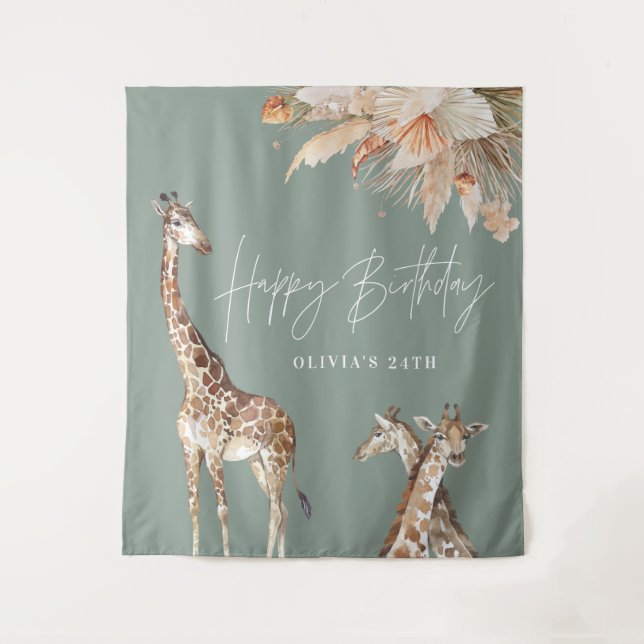 Botanical pampas grass giraffe safari sage green tapestry (Front)