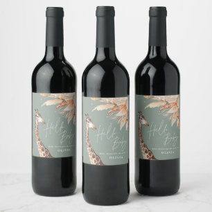 Botanical pampas grass giraffe safari sage green wine label