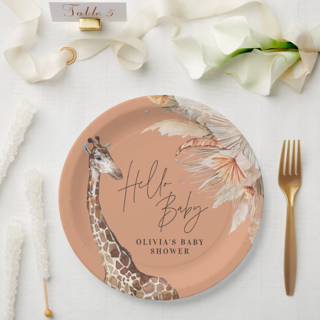 Botanical pampas grass giraffe safari terracotta paper plate (Wedding)