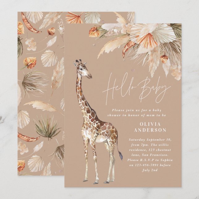 Botanical pampas grass modern giraffe safari chic  invitation (Front/Back)