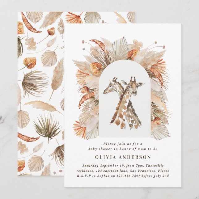 Botanical pampas grass modern giraffe safari chic  invitation (Front/Back)