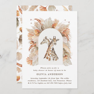 Botanical pampas grass modern giraffe safari chic invitation