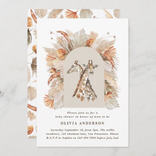 Botanical pampas grass modern giraffe safari chic  invitation