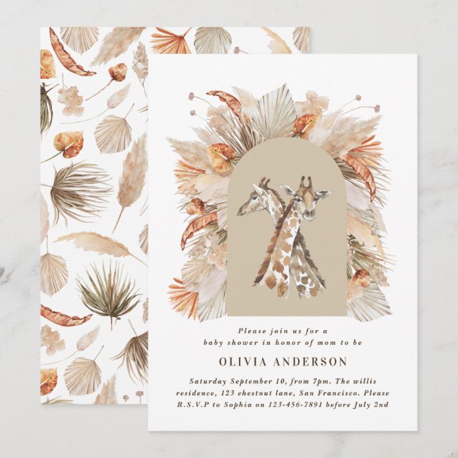 Botanical pampas grass modern giraffe safari chic invitation (Front/Back)