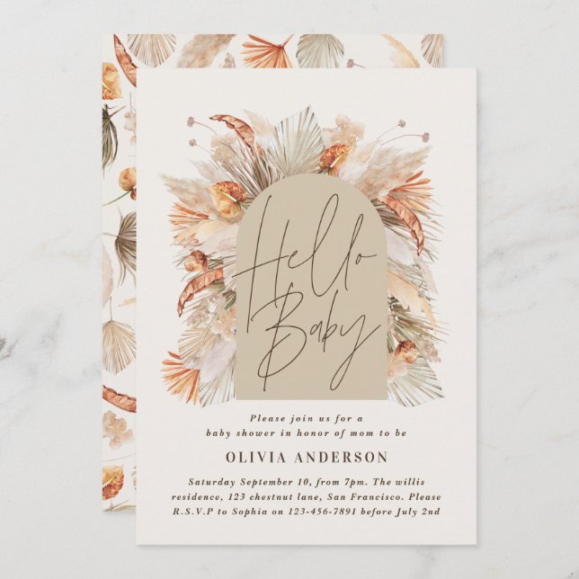 Botanical pampas grass modern rustic terracotta in invitation (Front/Back)