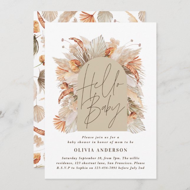 Botanical pampas grass modern rustic terracotta invitation (Front/Back)