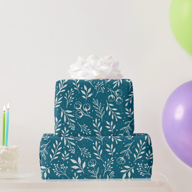 Botanical Pattern Dark Blue Wrapping Paper Roll (Party Gifts)