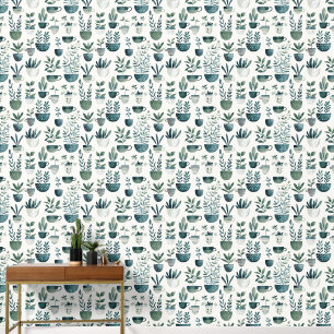 Botanical Pattern Flower Pots on White Plant Lover Wallpaper