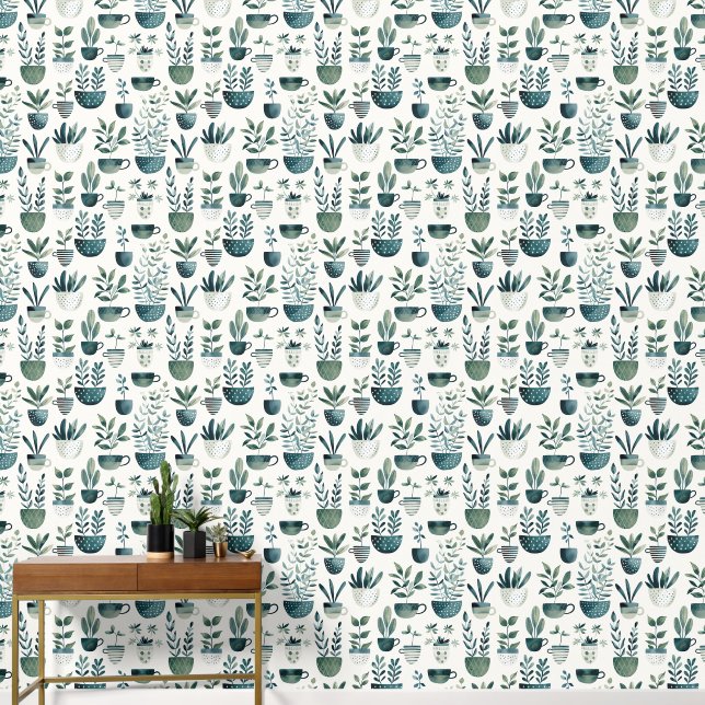 Botanical Pattern Flower Pots on White Plant Lover Wallpaper (Hallway)
