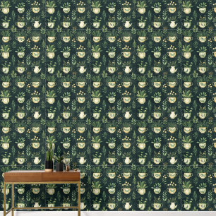 Botanical Pattern Flower Pots Plant Lovers Green Wallpaper