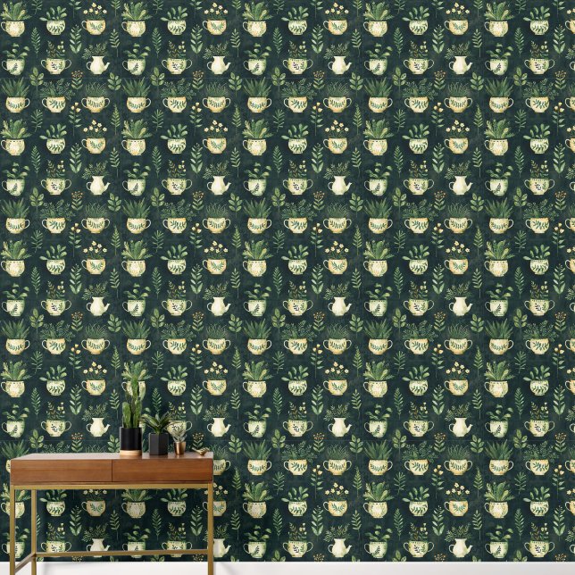Botanical Pattern Flower Pots Plant Lovers Green Wallpaper (Hallway)
