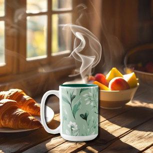 Botanical pattern in subtle greens Two-Tone Coffee Mug