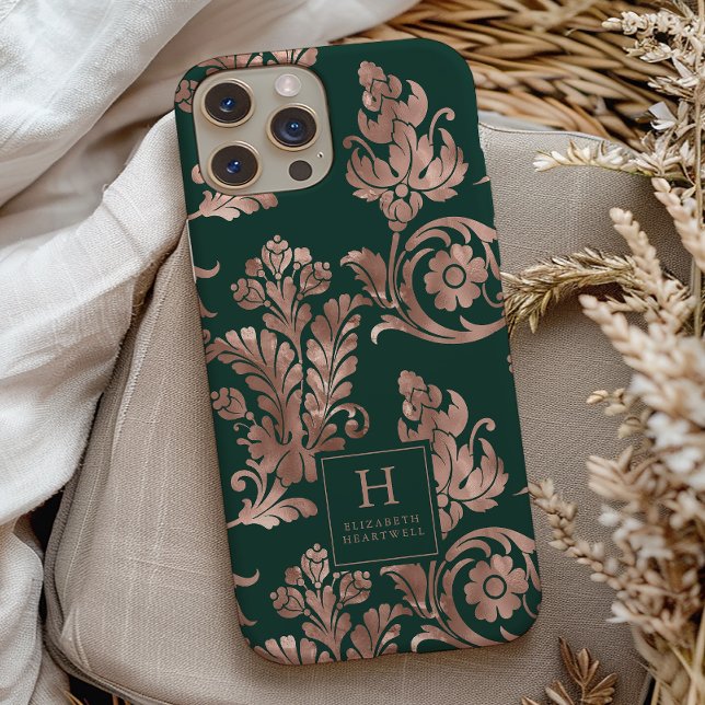 Botanical Pattern Monogram Rose Gold Emerald Green Case-Mate iPhone Case (Creator Uploaded)