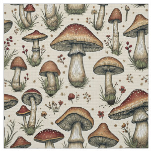 Botanical Pattern of Mushrooms in Brown and Beige  Fabric