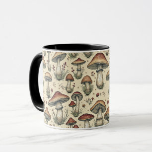 Botanical Pattern of Mushrooms in Brown and Beige  Mug