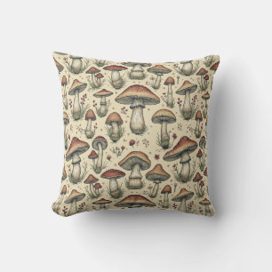 Botanical Pattern of Mushrooms in Brown and Beige  Throw Pillow