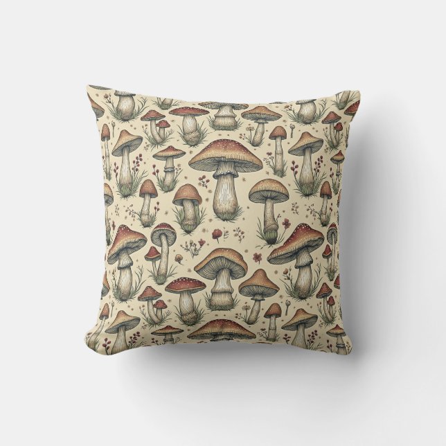 Botanical Pattern of Mushrooms in Brown and Beige  Throw Pillow (Front)