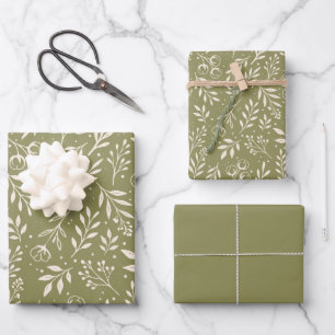 Botanical Pattern Olive Green - Wrapping Paper Set