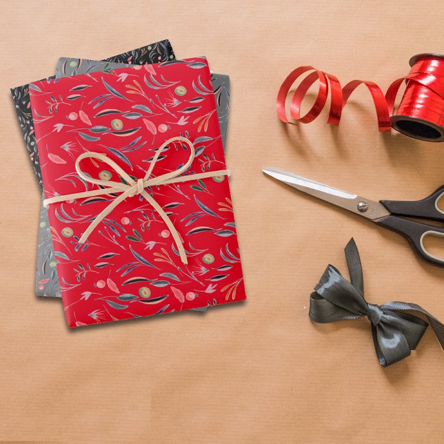 Botanical pattern red grey black wrapping paper (Creator Uploaded)