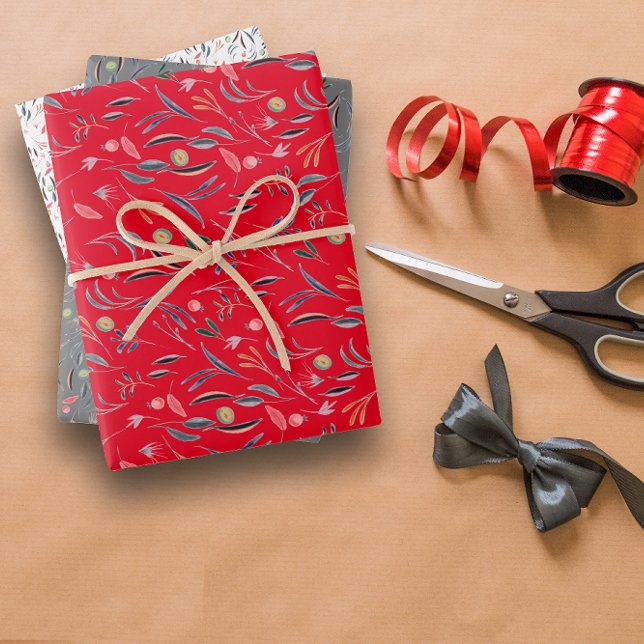 Botanical pattern red grey white wrapping paper (Creator Uploaded)