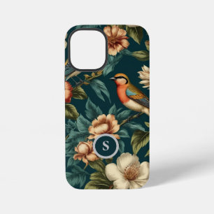Botanical pattern vintage floral birds monogram iPhone 12 mini case