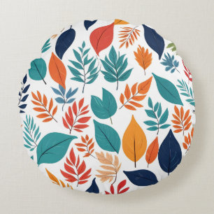 Botanical pattern with tropical leaves on white round pillow