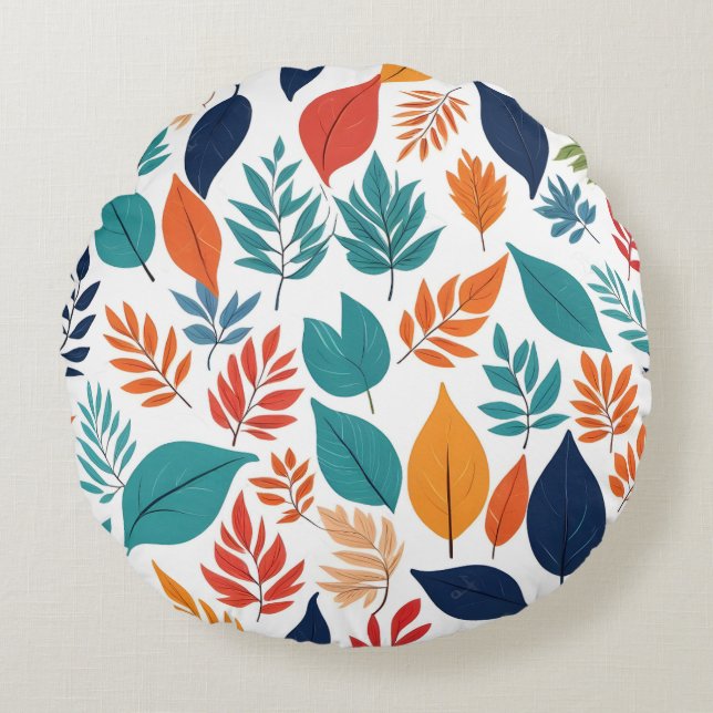Botanical pattern with tropical leaves on white round pillow (Front)